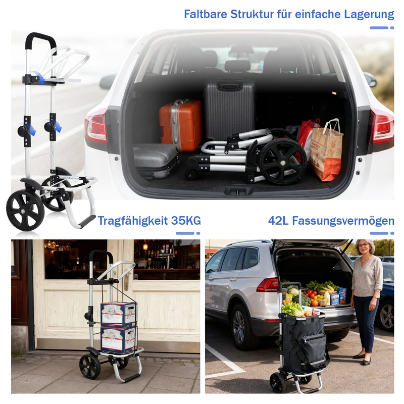 Sekey Faltbarer Einkaufstrolley 3-in-1 Leichter Aluminium-Trolley 60 kg Tragkraft, Höhenverstellbarer Griff, Automatische Faltfunktion, Inklusive Kühlfach & Getränkefach, Ideal für Einkäufe & Camping