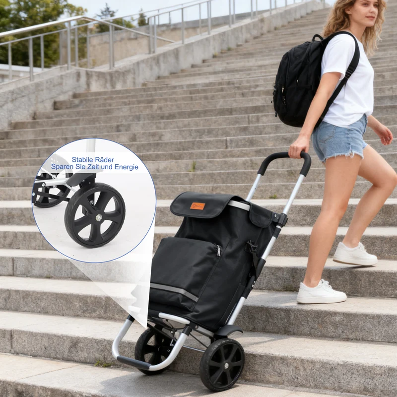 Sekey Faltbarer Einkaufstrolley 3-in-1 Leichter Aluminium-Trolley 60 kg Tragkraft, Höhenverstellbarer Griff, Automatische Faltfunktion, Inklusive Kühlfach & Getränkefach, Ideal für Einkäufe & Camping