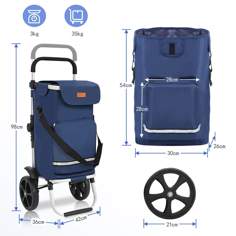 Sekey Faltbarer Einkaufstrolley 3-in-1 Leichter Aluminium-Trolley 60 kg Tragkraft, Höhenverstellbarer Griff, Automatische Faltfunktion, Inklusive Kühlfach & Getränkefach, Ideal für Einkäufe & Camping