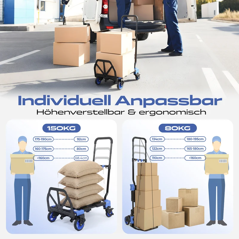 Sekey 2-in-1 Klappbare Sackkarre & Transportwagen 150 kg Tragkraft, Leichter Alurahmen, TPR-Doppellagerräder, Feststellbremse & Höhenverstellbarer Griff, inkl. 2 Expanderseile