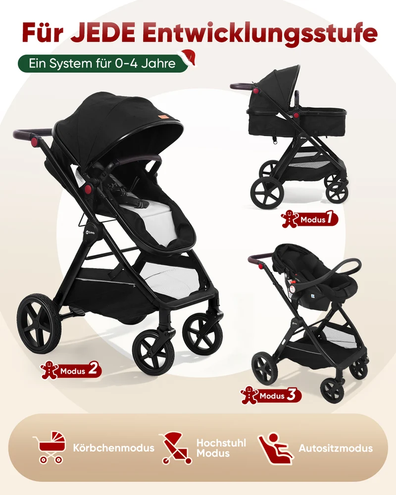 Sekey BW600 3-in-1 Kombi-Kinderwagen Reisesystem mit Babyschale, Liegewanne & Buggy, Moskitonetz, Regenschutz, Federung, 5-Punkt-Gurt, All-Wetter Travel System 0 Jahre