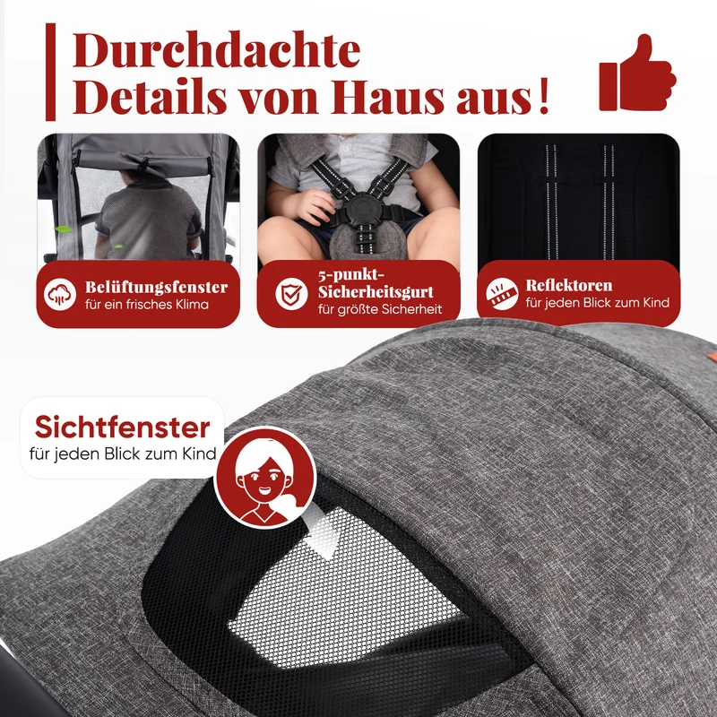 Sekey BW732 Reise-Kinderwagen Ultraleicht & Einhand-klappbar | 3-fach verstellbare Rückenlehne, 4-Rad-Federung, Regenschutz, 5-Punkt-Gurt, Handgepäckgeeignet