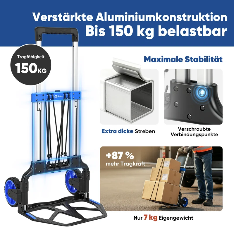 Sekey Klappbare Sackkarre 150 kg Verstärkter Alurahmen, XXL Anti-Rutsch-Ladefläche, TPR-Räder, höhenverstellbarer Griff & 1-Sekunden-Faltung inkl. 2 Expanderseilen