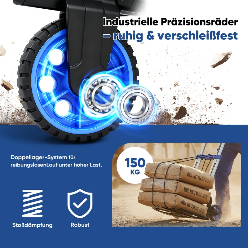 Sekey Klappbare Sackkarre 150 kg Verstärkter Alurahmen, XXL Anti-Rutsch-Ladefläche, TPR-Räder, höhenverstellbarer Griff & 1-Sekunden-Faltung inkl. 2 Expanderseilen