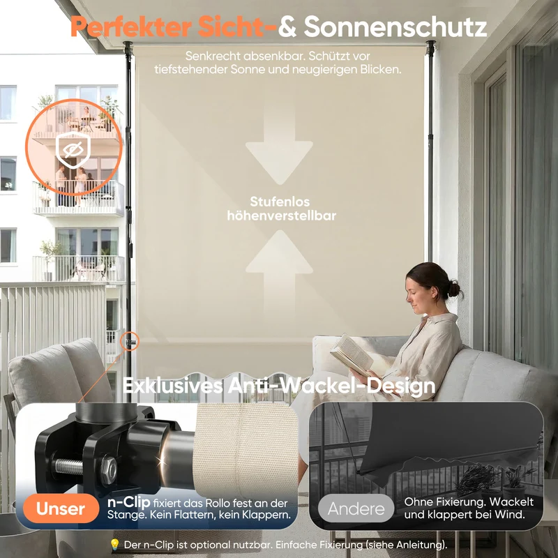 Sekey Klemmmarkise ohne Bohren Beige (200–350 cm Breite), 130 cm Ausfall, 0–90° verstellbar, wasserdicht & UV-Schutz (UPF 50+), Balkon Markise mit Handkurbel für Terrasse & Garten