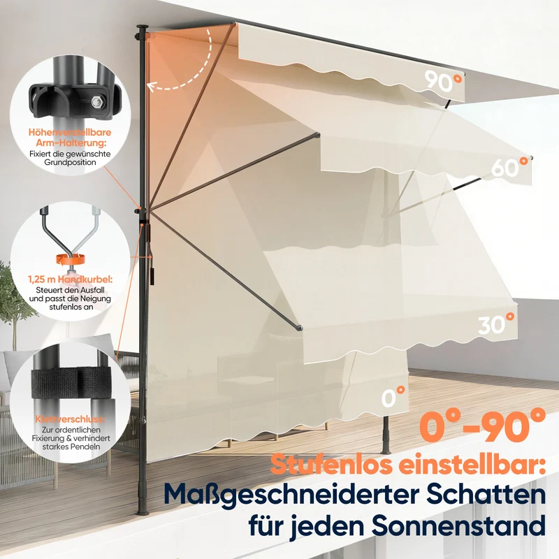 Sekey Klemmmarkise ohne Bohren Beige (200–350 cm Breite), 130 cm Ausfall, 0–90° verstellbar, wasserdicht & UV-Schutz (UPF 50+), Balkon Markise mit Handkurbel für Terrasse & Garten