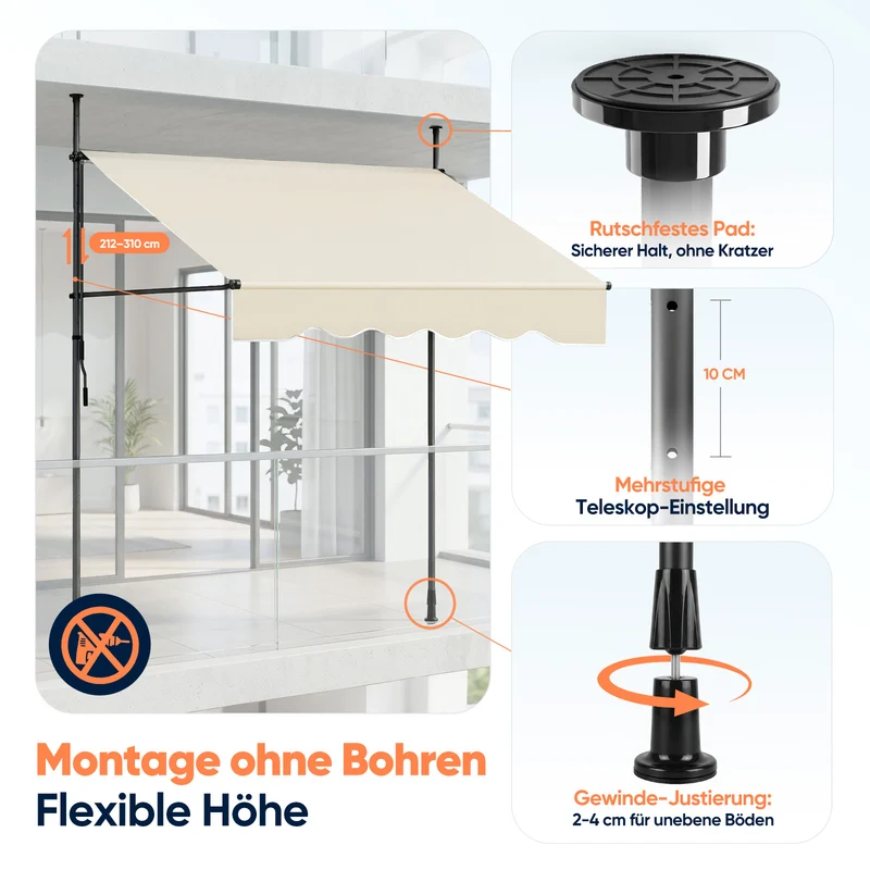 Sekey Klemmmarkise ohne Bohren Beige (200–350 cm Breite), 130 cm Ausfall, 0–90° verstellbar, wasserdicht & UV-Schutz (UPF 50+), Balkon Markise mit Handkurbel für Terrasse & Garten