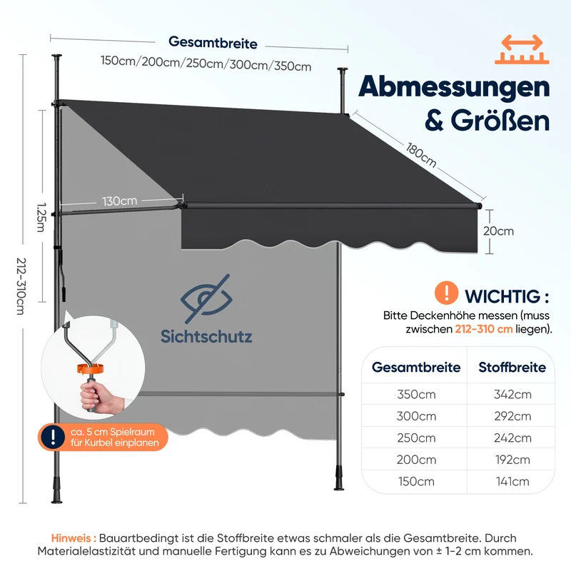 Sekey Klemmmarkise ohne Bohren in 150–350 cm Breite, 130 cm Ausfall, 0–90° verstellbar, wasserdicht & UV-Schutz (UPF 50+), Balkon Markise mit Handkurbel für Balkon, Terrasse & Garten, Anthrazit