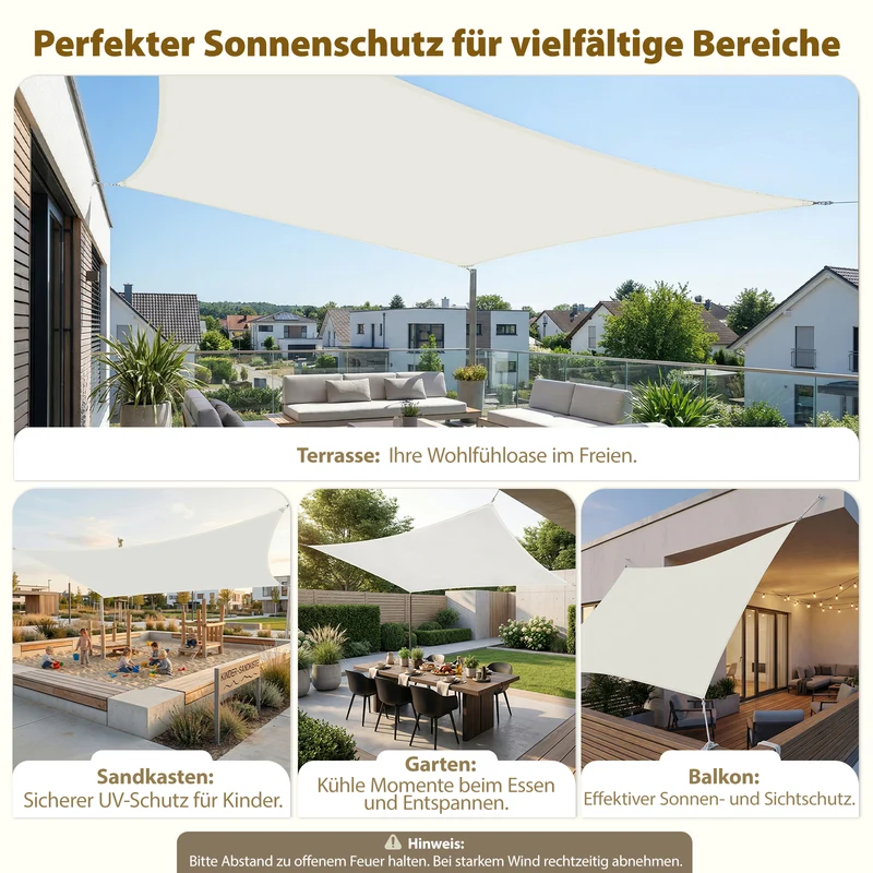 Sekey Sonnensegel Wasserdicht Rechteckig – ohne Mittelnaht, 160 g/m² PES, mit Edelstahl-Ringen & Lotus-Effekt, reißfest, 95% UV-Schutz für Balkon, Terrasse & Garten, weiß