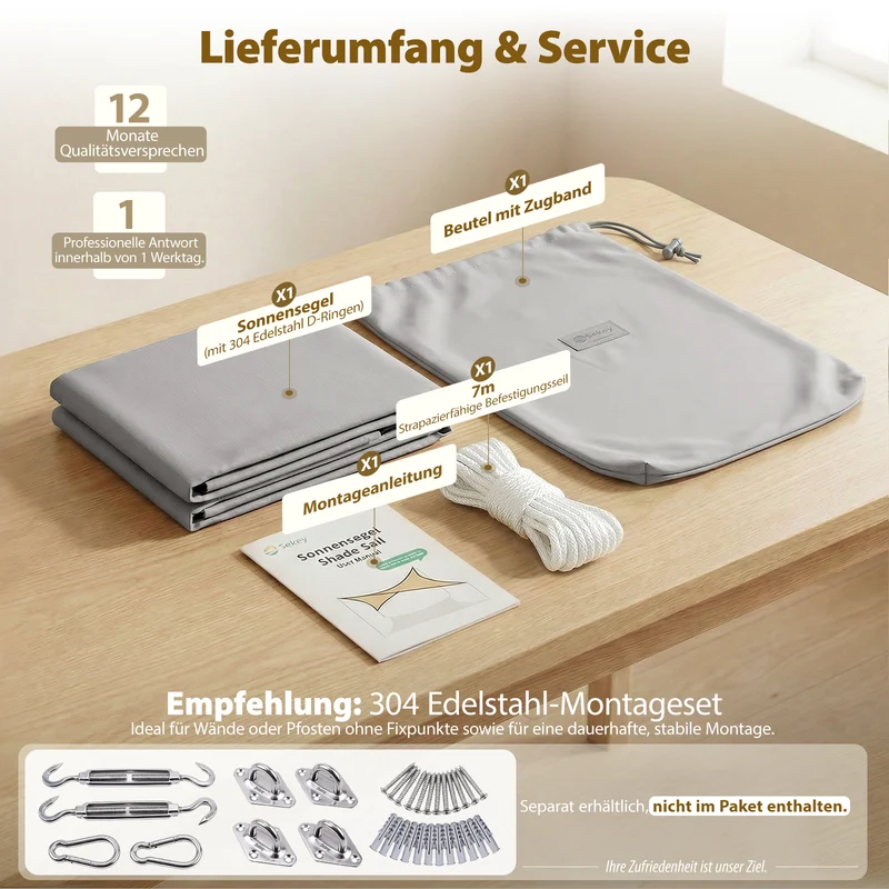 Sekey Sonnensegel Wasserdicht Rechteckig – ohne Mittelnaht, 160 g/m² PES, mit Edelstahl-Ringen & Lotus-Effekt, reißfest, 95% UV-Schutz für Balkon, Terrasse & Garten, Hellgrau
