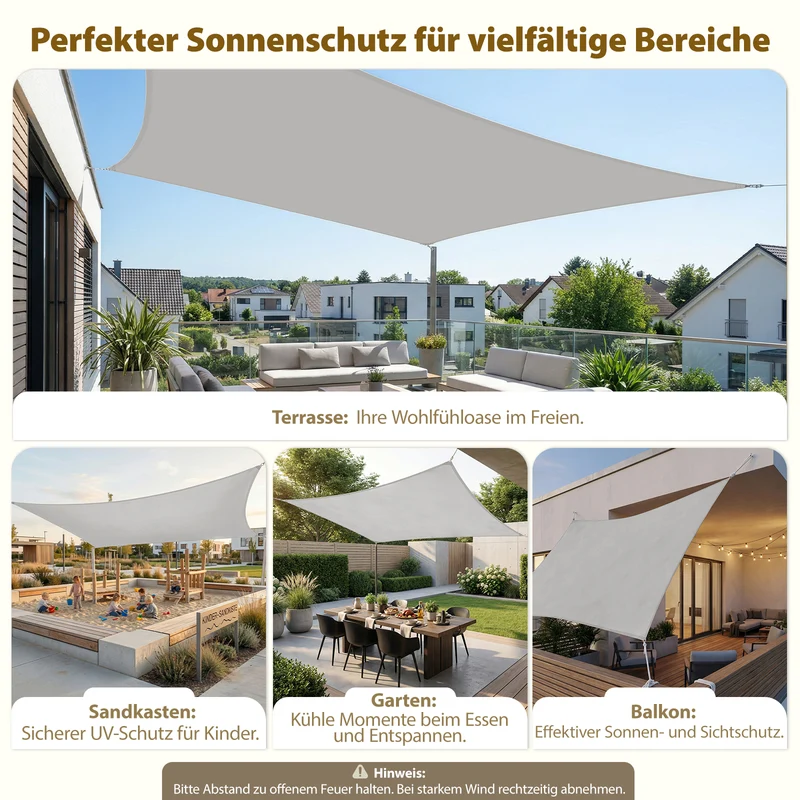 Sekey Sonnensegel Wasserdicht Rechteckig – ohne Mittelnaht, 160 g/m² PES, mit Edelstahl-Ringen & Lotus-Effekt, reißfest, 95% UV-Schutz für Balkon, Terrasse & Garten, Hellgrau