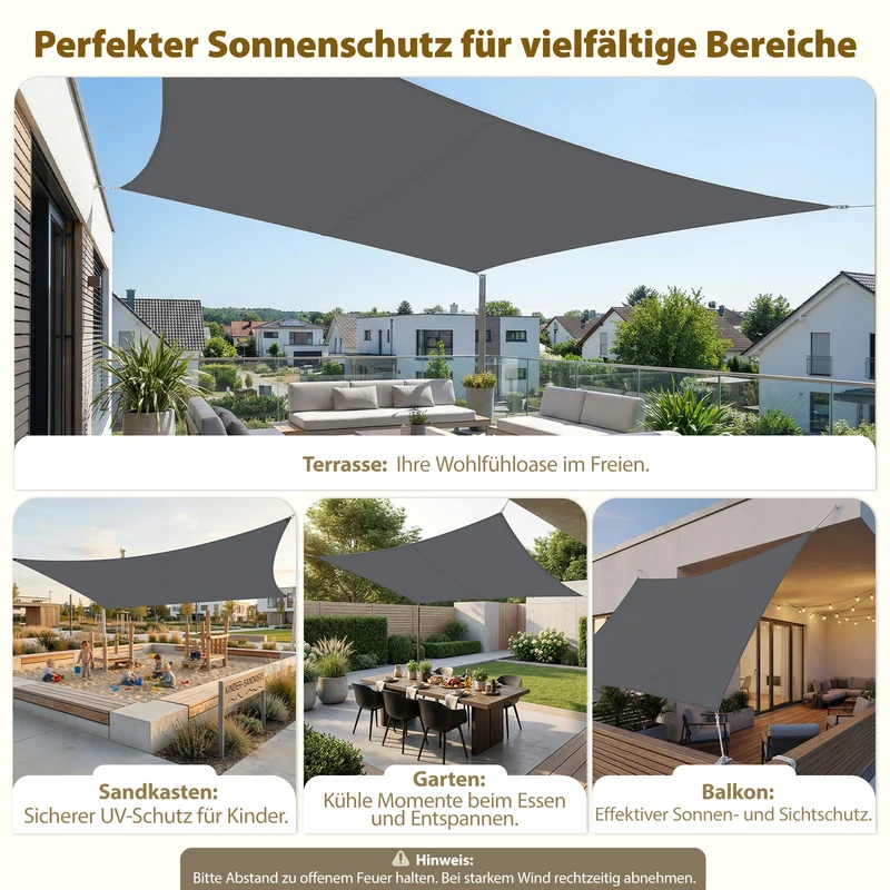 Sekey Sonnensegel Rechteckig – Dunkelgrau, Wasserdicht, 160 g/m² PES, Nahtversiegelt & Reißfest, 95% UV-Schutz, Wetterfest für Balkon, Terrasse & Garten