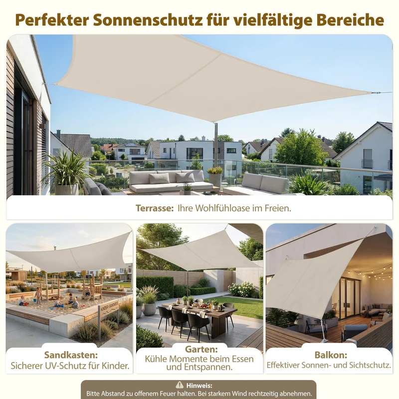 Sekey Sonnensegel Rechteckig – Wasserdicht, 160 g/m² PES, Nahtversiegelt & Reißfest, 95% UV-Schutz, Wetterfest für Balkon, Terrasse & Garten, Taupe