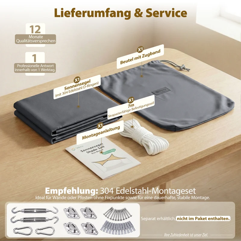Sekey Sonnensegel Wasserdicht Rechteckig – Dunkelgrau, ohne Mittelnaht, 160 g/m² PES, mit Edelstahl-Ringen & Lotus-Effekt, reißfest, 95% UV-Schutz für Balkon, Terrasse & Garten
