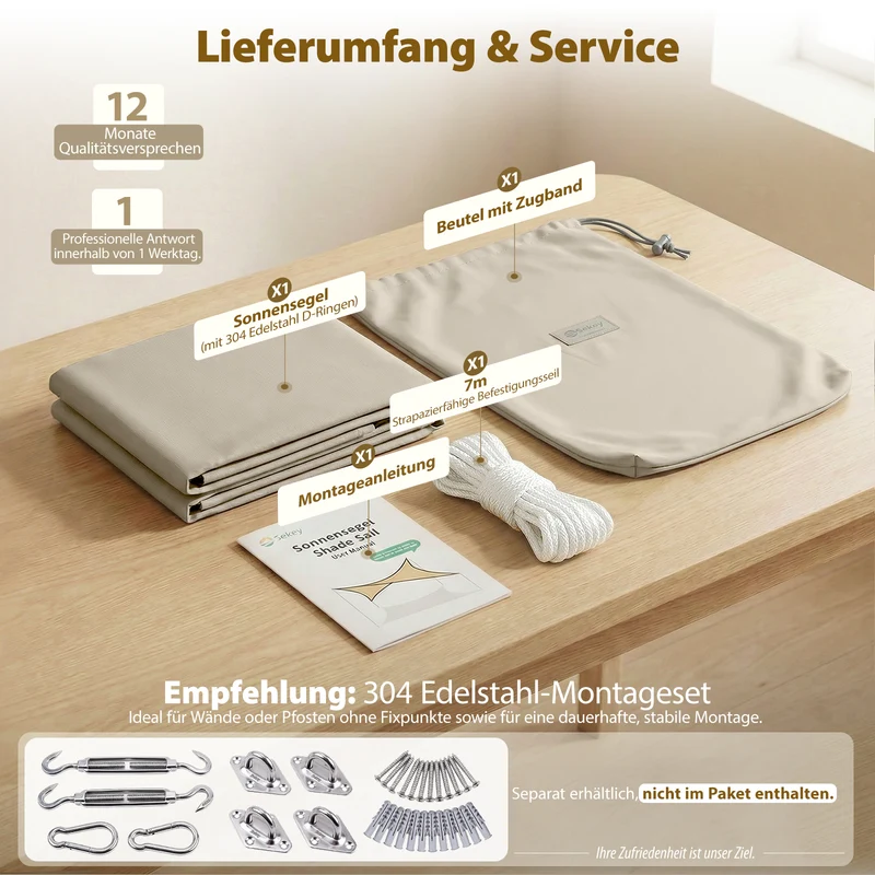 Sekey Sonnensegel Wasserdicht Rechteckig – ohne Mittelnaht, 160 g/m² PES, mit Edelstahl-Ringen & Lotus-Effekt, reißfest, 95% UV-Schutz für Balkon, Terrasse & Garten, Taupe