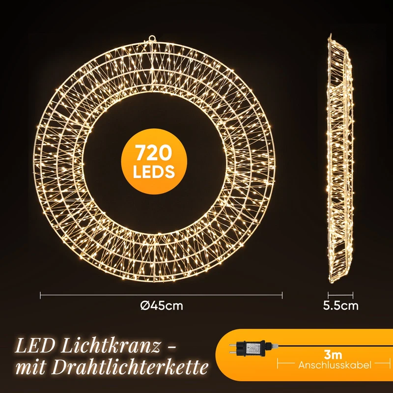 Salcar LED Lichtkranz Ø45 & Ø55 cm, 720 LEDs, Hängekranz, Weihnachtsdeko Fenster & Tür, 8 Modi, Timer & Memory, IP44 Wasserdicht, Innen & Außen, Warmweiß