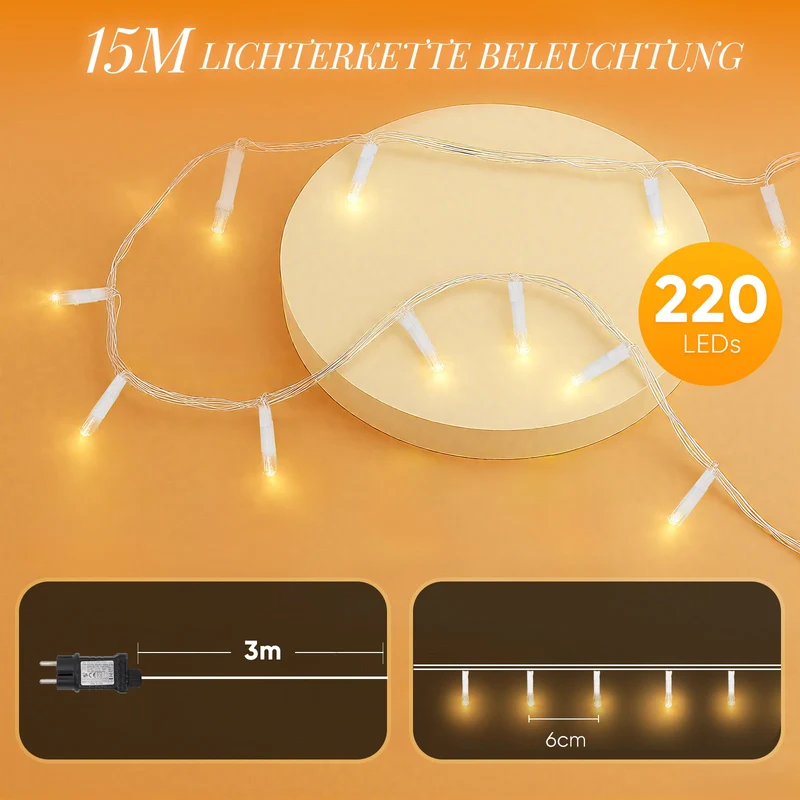 Salcar LED Lichterkette mit 5m/10m/15m/20m Länge – 50–300 LEDs, Fernbedienung, 8 Modi, Timer & IP44 Wasserdicht, für Weihnachtsdeko, Party, Hochzeit, Garten – Warmweiß