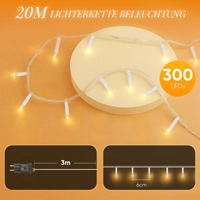Salcar LED Lichterkette mit 5m/10m/15m/20m Länge – 50–300 LEDs, Fernbedienung, 8 Modi, Timer & IP44 Wasserdicht, für Weihnachtsdeko, Party, Hochzeit, Garten – Warmweiß