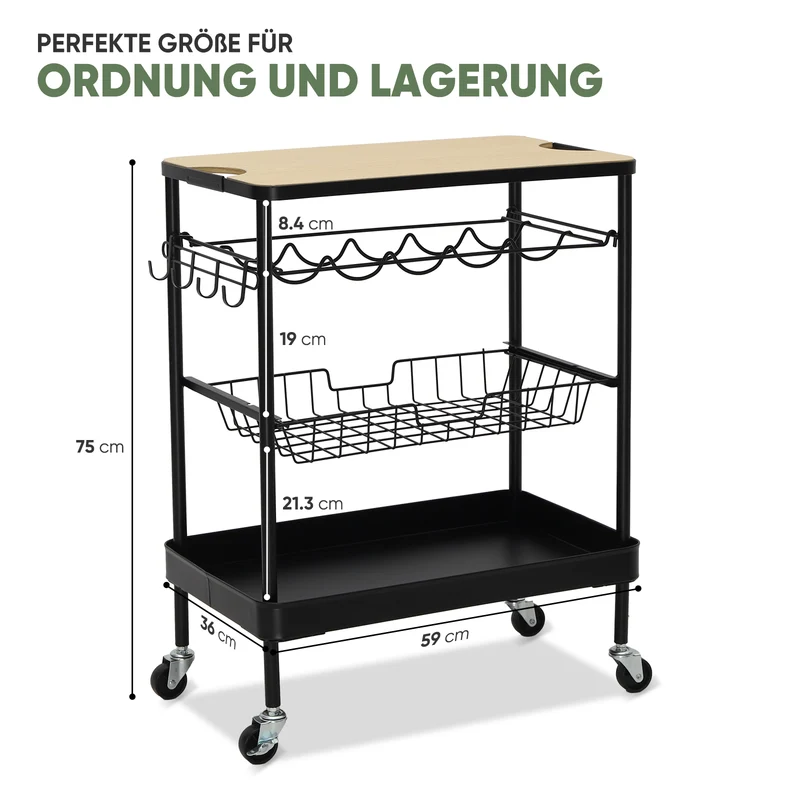 Sekey Servierwagen mit Rollen – Barwagen & Küchenwagen mit MDF-Platte, Weinglashalter, Haken & Schubladenkorb, 360°-Rollen, Griff, rostfest – Schwarz