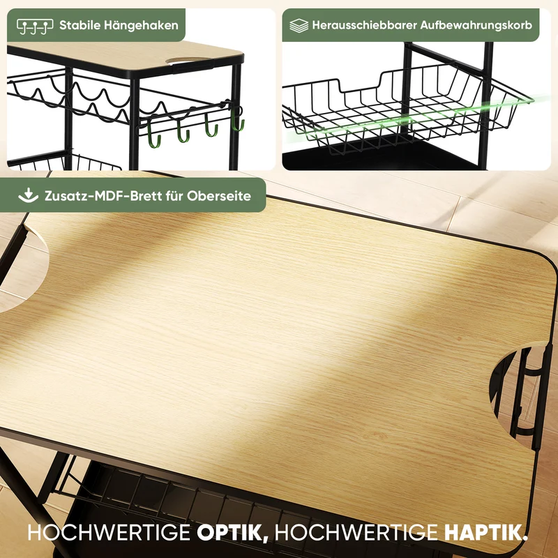 Sekey Servierwagen mit Rollen – Barwagen & Küchenwagen mit MDF-Platte, Weinglashalter, Haken & Schubladenkorb, 360°-Rollen, Griff, rostfest – Schwarz