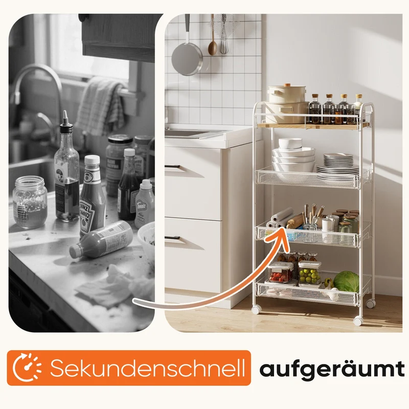 Sekey Rollwagen mit 4 Ebenen – Küchenwagen & Nischenregal mit MDF-Platte, Stahlrahmen, 360°-Rollen & Griff – Schmaler Servierwagen für Küche, Bad & Büro – Weiß