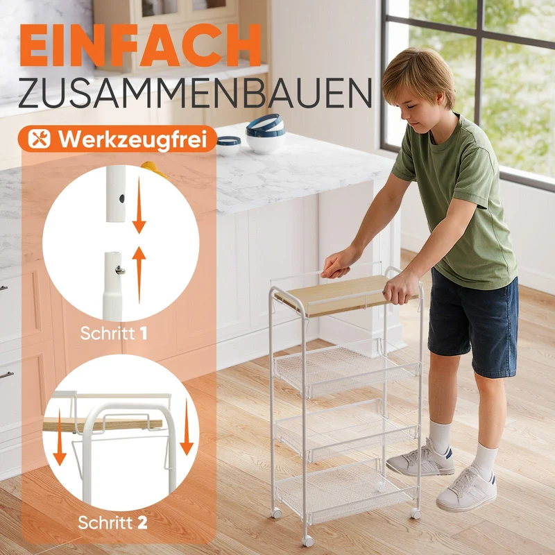 Sekey Rollwagen mit 4 Ebenen – Küchenwagen & Nischenregal mit MDF-Platte, Stahlrahmen, 360°-Rollen & Griff – Schmaler Servierwagen für Küche, Bad & Büro – Weiß