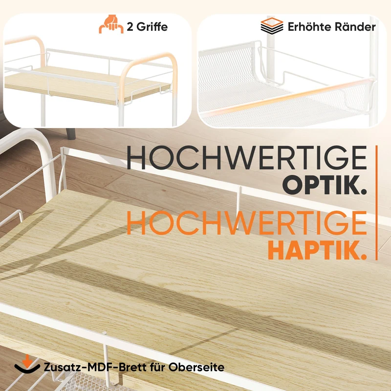 Sekey Rollwagen mit 4 Ebenen – Küchenwagen & Nischenregal mit MDF-Platte, Stahlrahmen, 360°-Rollen & Griff – Schmaler Servierwagen für Küche, Bad & Büro – Weiß