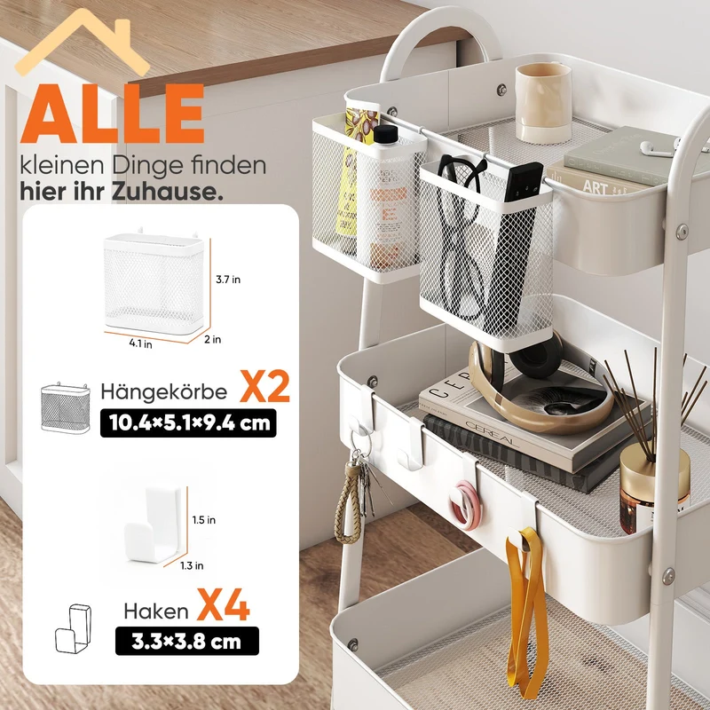 Sekey Rollwagen mit 3 Ebenen – Küchenwagen aus Stahl mit rostfester Lackierung, 2 Hängekörben & 4 Haken, 360°-Rollen mit Bremse, ergonomischem Griff, bis 30 kg belastbar, vielseitiger Servierwagen für Küche, Bad, Büro & mehr – Weiß