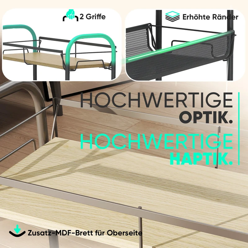 Sekey Rollwagen mit 4 Ebenen – Küchenwagen & Nischenregal auf Rollen, Stahl mit rostfester Lackierung & MDF-Oberplatte, 360°-Räder mit Griff, werkzeugloser Aufbau, platzsparender Aufbewahrungswagen für Küche, Bad & kleine Räume – Dunkelgrau