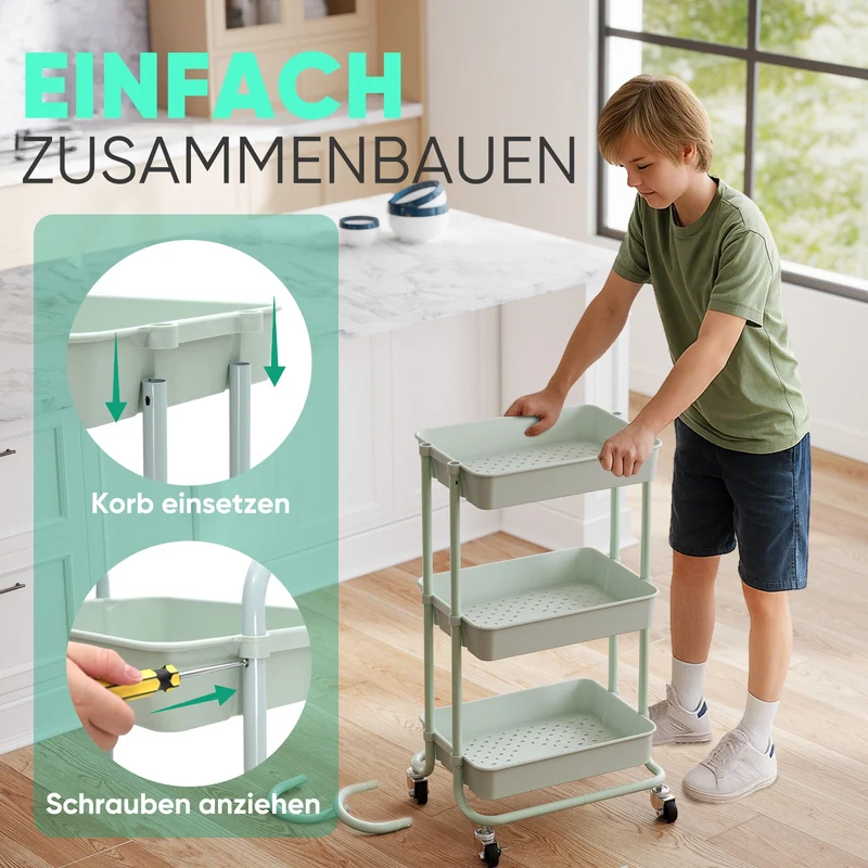 Sekey Rollwagen mit 3 Ebenen – Küchenwagen aus Kunststoff & Edelstahl, rostfest, 360°-Gummiräder mit Bremse, ergonomischem Griff, bis 30 kg belastbar, vielseitiger Servierwagen für Küche, Bad, Büro & mehr – Mintgrün