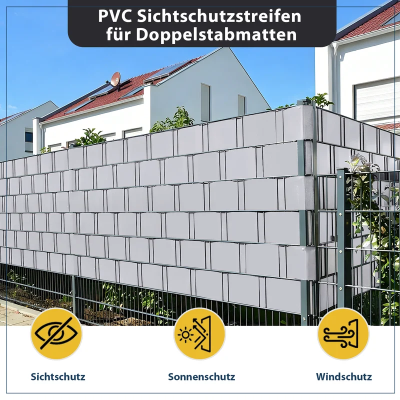 Sekey PVC Sichtschutzstreifen für Doppelstabmattenzaun – Sichtschutzband mit Befestigungsclips, UV-beständig & Wetterfest, Windschutz für Gartenzaun, Grau