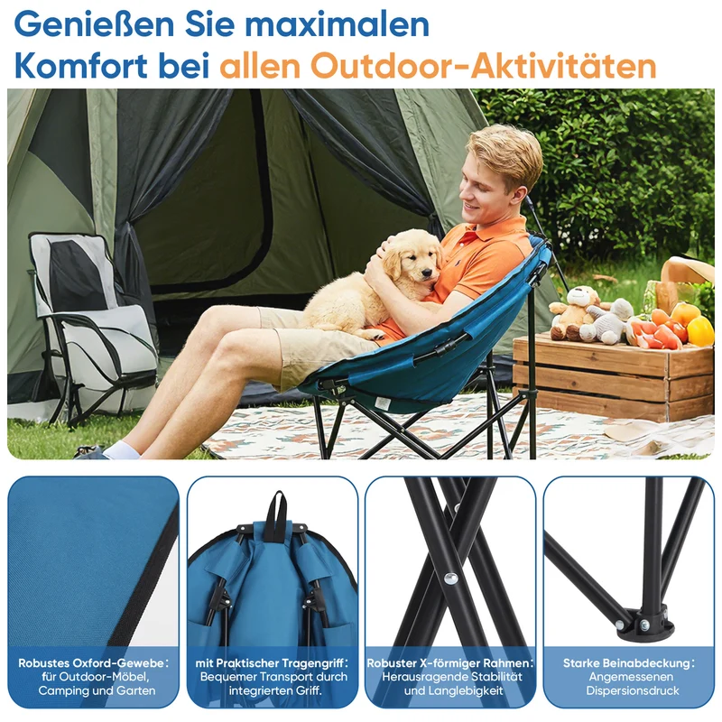 Sekey XXL Moonchair Campingstuhl klappbar bis 140 kg – Gepolsterter Garten- & Outdoor-Stuhl mit hoher Rückenlehne, Blau