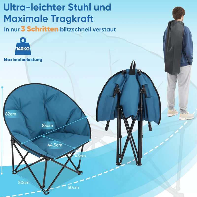 Sekey XXL Moonchair Campingstuhl klappbar bis 140 kg – Gepolsterter Garten- & Outdoor-Stuhl mit hoher Rückenlehne, Blau