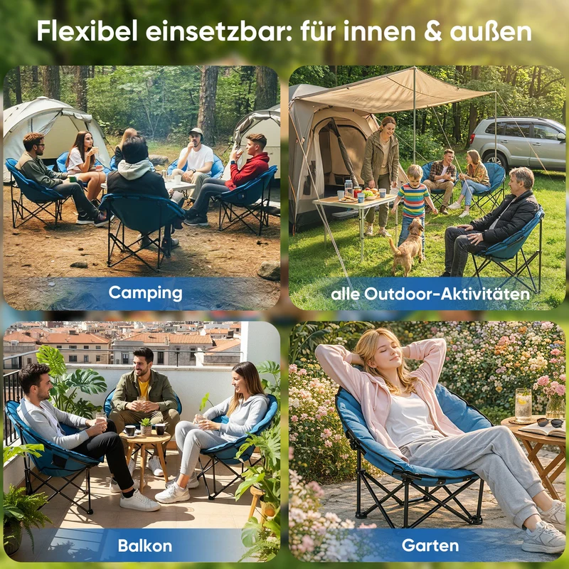 Sekey XXL Moonchair Campingstuhl klappbar bis 140 kg – Gepolsterter Garten- & Outdoor-Stuhl mit hoher Rückenlehne, Blau