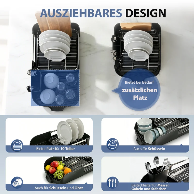 Sekey Faltbares Abtropfgestell Geschirr – Platzsparender Edelstahl-Geschirrständer mit Besteckablage für Spüle und Küchenarbeitsplatte