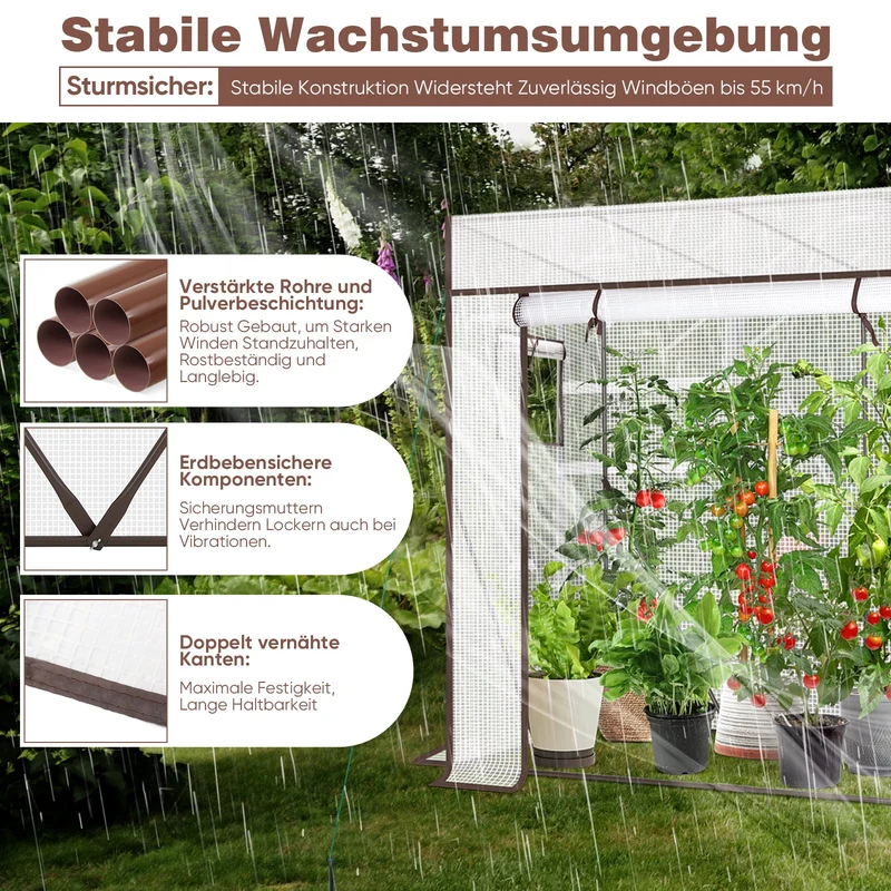 Sekey Tomatengewächshaus Tamara XL Folien-Gewächszelt mit aufrollbarer Tür, stabiler Rahmen 200 x 77 x 146/170 cm