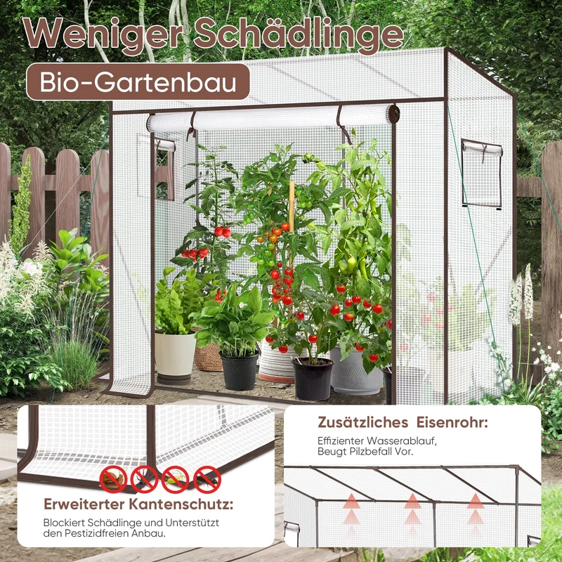 Sekey Tomatengewächshaus Tamara XL Folien-Gewächszelt mit aufrollbarer Tür, stabiler Rahmen 200 x 77 x 146/170 cm