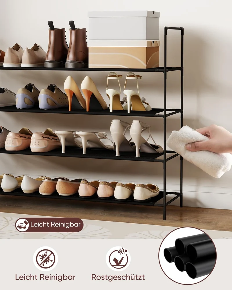 Sekey Schuhregal 3/4 Ebenen – Stapelbares Schuhregal aus Metall und Vliesstoff, platzsparend, stabil, ohne Bohren, für Flur, Schlafzimmer & Bad, Schwarz