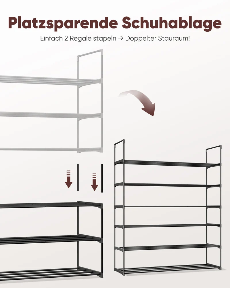 Sekey Schuhregal 3 Ebenen – Stapelbares Metall-Schuhregal, platzsparend für Flur & Kleiderschrank, für 15–18 Paar Schuhe