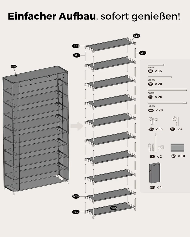 Sekey Schuhschrank mit 9 Ebenen – Multifunktionales Schuhregal mit Staubschutz, 2 Größen wählbar (58 oder 85 cm Breite), anpassbare Ablagen, einfache Montage, Schwarz