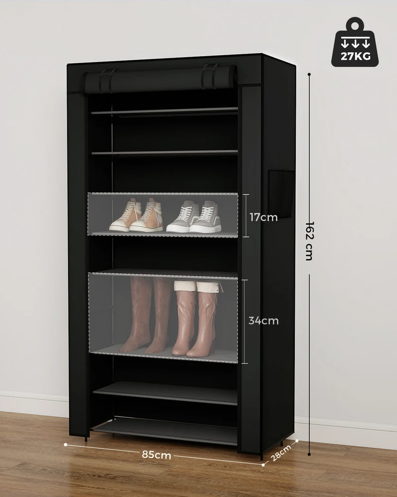 Sekey Schuhschrank mit 9 Ebenen – Multifunktionales Schuhregal mit Staubschutz, 2 Größen wählbar (58 oder 85 cm Breite), anpassbare Ablagen, einfache Montage, Schwarz