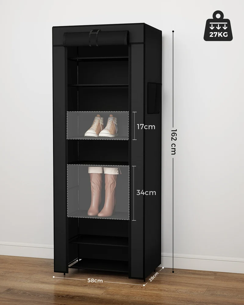 Sekey Schuhschrank mit 9 Ebenen – Multifunktionales Schuhregal mit Staubschutz, 2 Größen wählbar (58 oder 85 cm Breite), anpassbare Ablagen, einfache Montage, Schwarz