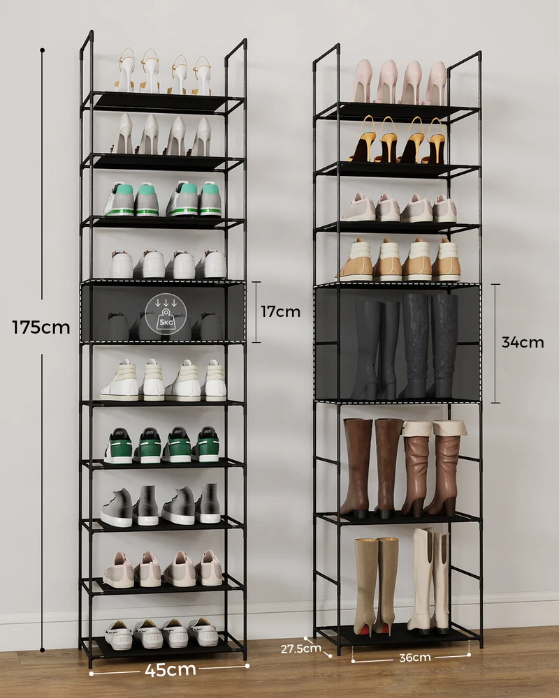 Sekey Schuhregal mit 10 Ebenen – Schmal, stabil & platzsparend, Metallgestell mit Vliesstoffablagen, ideal für Flur & kleine Räume