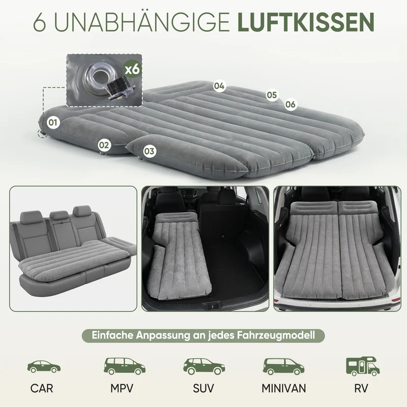 Sekey Auto-Luftmatratze mit 12V-Pumpe – SUV Matratze für 2–3 Personen, 185×144×12 cm, 6 Luftkammern, Tragbare Campingmatratze für Auto, Van, Kombi & Reisen