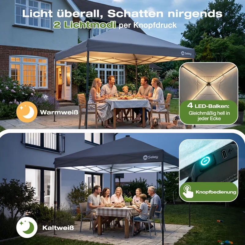 Sekey Pavillon 3x3 m mit LED-Beleuchtung – Wasserdicht, Winterfest & Stabil, Höhenverstellbarer Faltpavillon mit Solarpanel, UV-Schutz 50+, Gartenpavillon für Camping, Terrasse & Partys