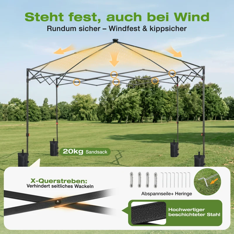 Sekey Pavillon 3x3 m mit LED-Beleuchtung – Wasserdicht, Winterfest & Stabil, Höhenverstellbarer Faltpavillon mit Solarpanel, UV-Schutz 50+, Gartenpavillon für Camping, Terrasse & Partys