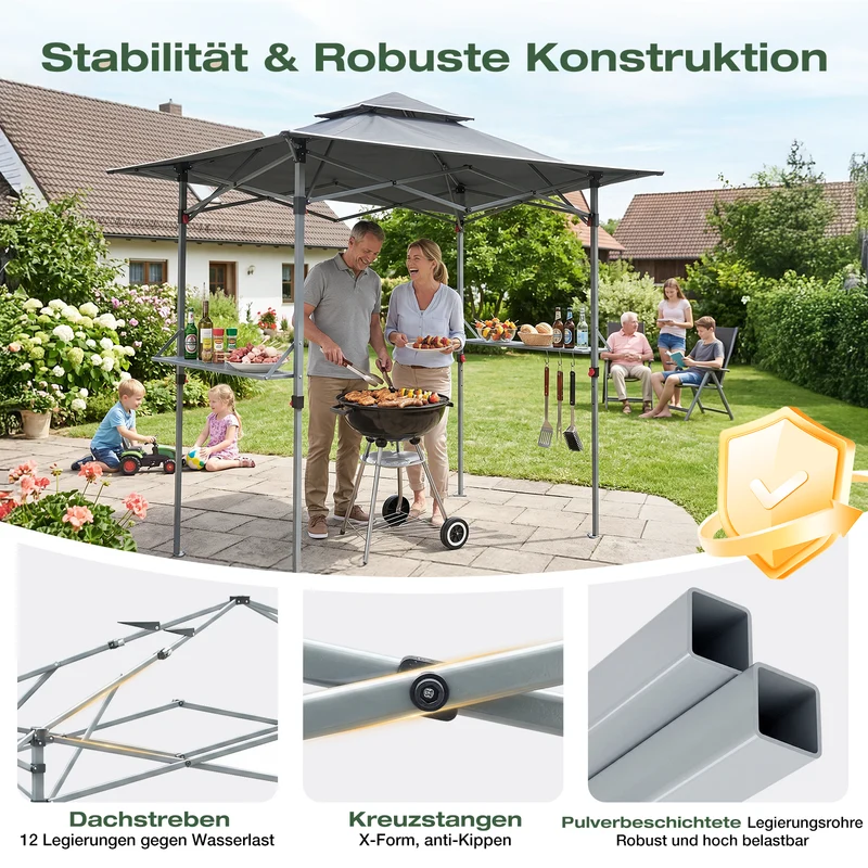 Sekey Grillpavillon Faltbar 250 x 150 cm – Wetterfest & Winterfest, Pop-Up Grillüberdachung mit UV-Schutz 50+, Tragbarer BBQ Pavillon für Garten, Terrasse & Camping