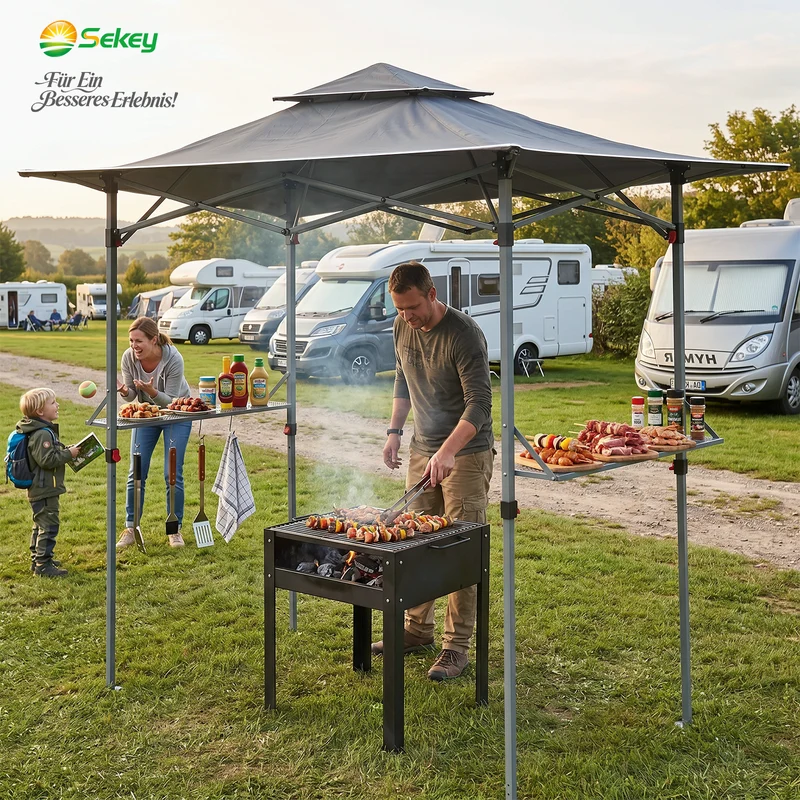 Sekey Grillpavillon Faltbar 250 x 150 cm – Wetterfest & Winterfest, Pop-Up Grillüberdachung mit UV-Schutz 50+, Tragbarer BBQ Pavillon für Garten, Terrasse & Camping