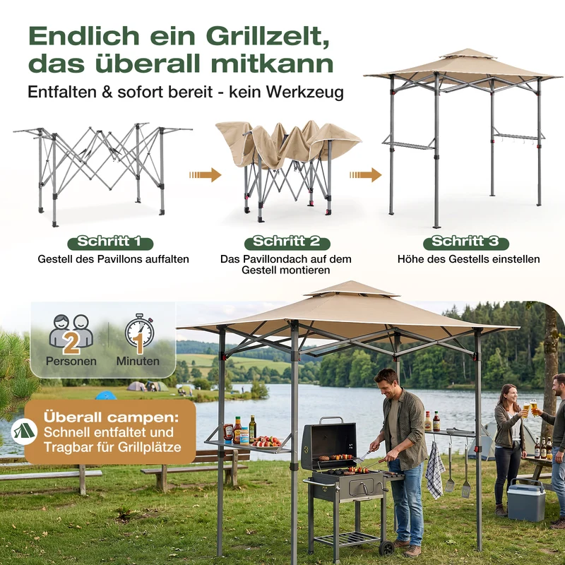 Sekey Grillpavillon Faltbar 250 x 150 cm – Wetterfest & Winterfest, Pop-Up Grillüberdachung mit UV-Schutz 50+, Tragbarer BBQ Pavillon für Garten, Terrasse & Camping