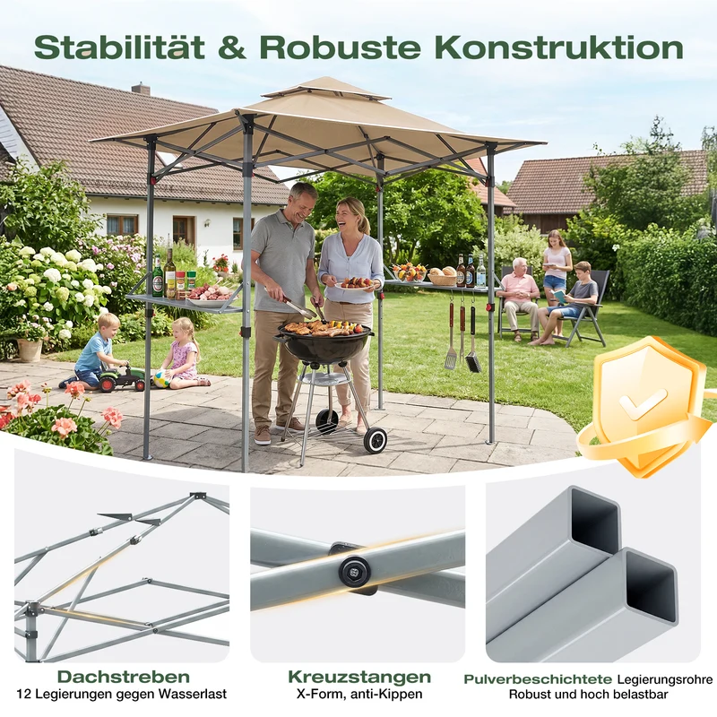 Sekey Grillpavillon Faltbar 250 x 150 cm – Wetterfest & Winterfest, Pop-Up Grillüberdachung mit UV-Schutz 50+, Tragbarer BBQ Pavillon für Garten, Terrasse & Camping